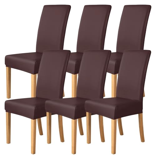 Esszimmer Stuhlhussen Elastischem PU-Leder 2er-/4er-/6er-Set,Einfarbige wasserdichte Stuhlhussen für Esszimmerstühle,Universelle Stuhlschutzbezüge für Restaurants Küchen und Hotels(Coffee,6 Set) von WYLEBER