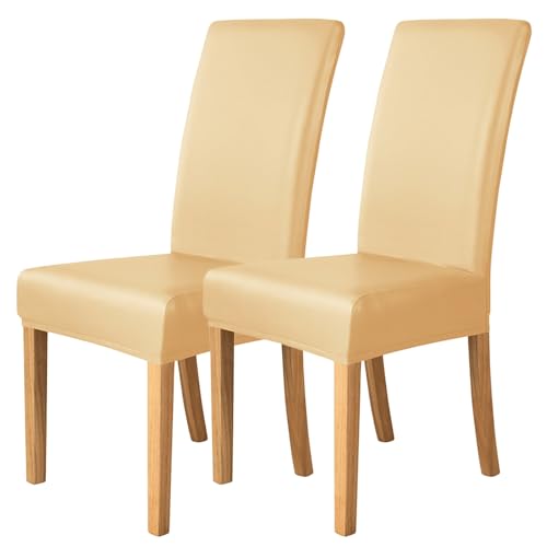 Esszimmer Stuhlhussen Elastischem PU-Leder 2er-/4er-/6er-Set,Einfarbige wasserdichte Stuhlhussen für Esszimmerstühle,Universelle Stuhlschutzbezüge für Restaurants Küchen und Hotels(Beige,2 Set) von WYLEBER