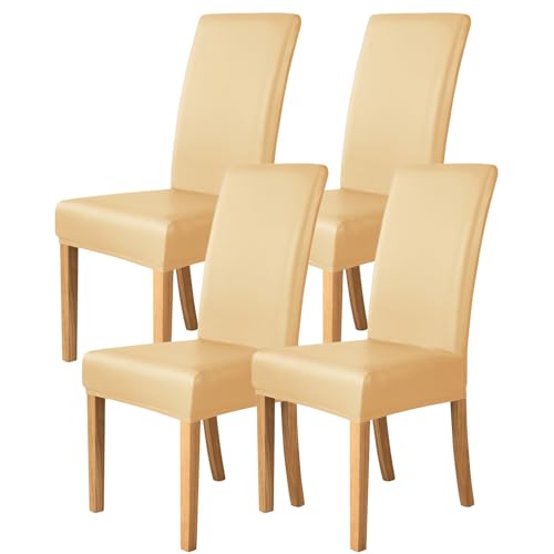 Esszimmer Stuhlhussen Elastischem PU-Leder 2er-/4er-/6er-Set,Einfarbige wasserdichte Stuhlhussen für Esszimmerstühle,Universelle Stuhlschutzbezüge für Restaurants Küchen und Hotels(Beige,4 Set) von WYLEBER