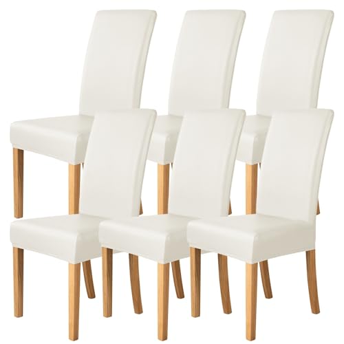 Esszimmer Stuhlhussen Elastischem PU-Leder 2er-/4er-/6er-Set,Einfarbige wasserdichte Stuhlhussen für Esszimmerstühle,Universelle Stuhlschutzbezüge für Restaurants Küchen und Hotels(Off-White,6 Set) von WYLEBER