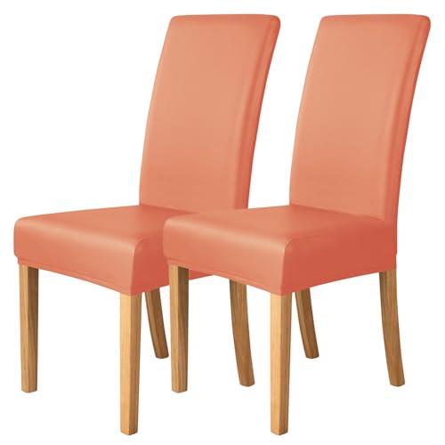 Esszimmer Stuhlhussen Elastischem PU-Leder 2er-/4er-/6er-Set,Einfarbige wasserdichte Stuhlhussen für Esszimmerstühle,Universelle Stuhlschutzbezüge für Restaurants Küchen und Hotels(Orange,2 Set) von WYLEBER