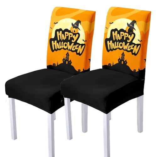 WYLEBER Halloween-Print Stuhlhussen für Esszimmerstühle 2er-/4er-/6er-Set,Dehnbare-Esszimmerstühle Bezug,Universeller Passform Stuhlhussen,für Dekoration von Zuhause Restaurant Küchen Hotel(A,2 Set) von WYLEBER