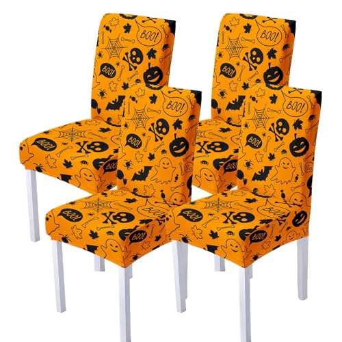 WYLEBER Halloween-Print Stuhlhussen für Esszimmerstühle 2er-/4er-/6er-Set,Dehnbare-Esszimmerstühle Bezug,Universeller Passform Stuhlhussen,für Dekoration von Zuhause Restaurant Küchen Hotel(D,4 Set) von WYLEBER