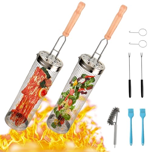 2Pcs Grillkorb Edelstahl mit Abnehmbarem Holzgriff, Zylindrischer Rund Grillkorb für Camping, Rolling Grillkorb mit Gabel, Grillzubehör für Gemüse Pommes Frites Fleisch (30CM) von WYQSX