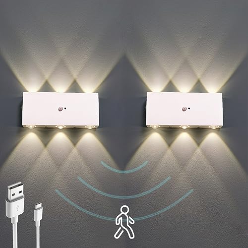 WYQSX 2 Pack Wandleuchte Flur mit Bewegungsmelder LED Akku Wandlampe Batteriebetrieben, Wandleuchte Ohne Stromanschluss, Kabellose Flurlampe mit Schalter, Up and Down Leuchten Innen, Warmweiß 3000K 6W von WYQSX