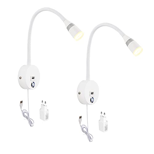 WYQSX Innen Dimmbare LED Wand-Leselampe, Flexible Schwanenhals Lampe 360° Drehbare Wandlampe mit Touch Schalter und USB-Kabel, 3W Leseleuchte Bett Nachtlicht Wandleuchte mit USB Ladefunktion, Weiß von WYQSX