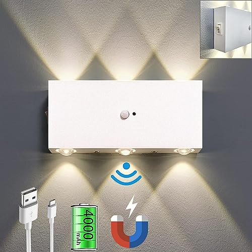 WYQSX LED Wandleuchte mit Bewegungsmelder Innen, 4000mAh USB Aufladbare Akku Wandlampe mit Schalter, Wandleuchte Ohne Stromanschluss, Kabellos Flurlampe Magnetische Wandbeleuchtung von WYQSX