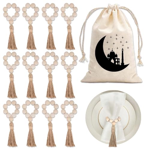 Elegante Serviettenringe Holz - Set von 12 Stück mit Quast Design, Ideal für Weihnachten und Bismillah Serviettenringe - Beinhaltet Beige Servietten und Serviettenring von WYRGQIQN