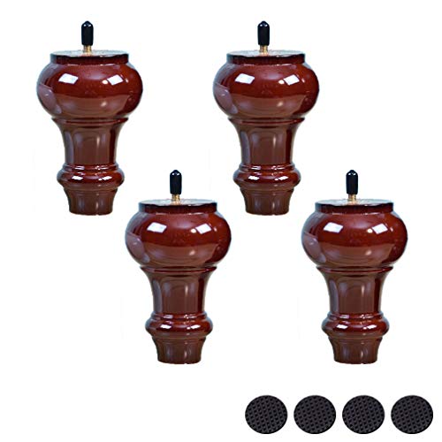 WYRMB 4 Massivholz-Möbelbeine, Couchtischbeine M8, DIY-Ersatz-Sofabeine, Kommodenbeine, Kalebasse-Füße, rote Walnussfarbe, mit Gewindestangenhülse, Schutzpolster (rot 12 cm) von WYRMB