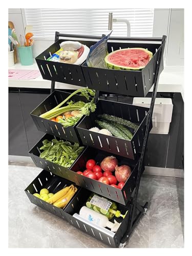 WYRMB Regalständer zur Aufbewahrung von Obst und Gemüse, stapelbarer Korbwagen aus Stahl mit 4 Ebenen und um 360° drehbaren Rollen, Allzweckregal für Küche, Speisekammer und Garage (schwarz) von WYRMB