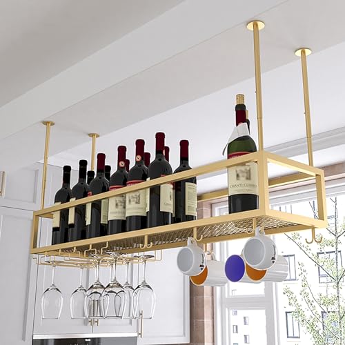 WYRMB Weinglasregal an der Decke, hängendes Weinregal mit Glashalter und Regal, umgedrehter Weinflaschenhalter, höhenverstellbares Kelchregal, für Bar, Café, Küche, dekorativ (Gold 120 cm) von WYRMB