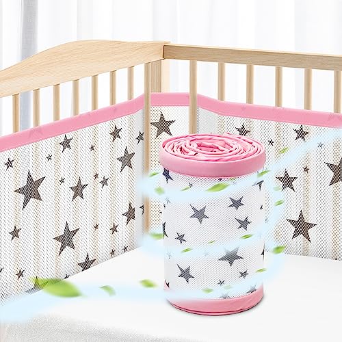 WYSWYG® Baby Nestchen Bettumrandung Babybett Umrandungen 70x140 cm Kinderbett - Hochwertiges Mesh Atmungsaktives Beistellbett - Gitterschutz Crib Schutz vor Einklemmen - Stern Muster Rosa von WYSWYG