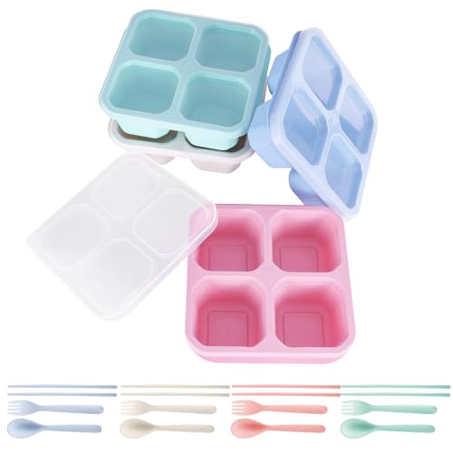 4Stk Geteilte Snack Behälter, Farbenfroh Unterteilte Snackbox, Wiederverwendbar Snackbox mit 4 Fächern, Mahlzeiten Vorbereitung Lunchbehälter, 800ml Mikrowelle Sicher Lunchbox für Schule Reisen Arbeit von WYTNB