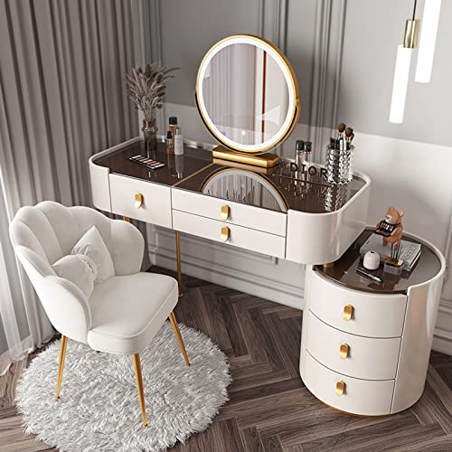 WYWL Schminktisch mit beleuchtetem Spiegel und Glasplatte – stilvolles großes Tisch-Set mit Schubladen, Stuhl und Schrank – 3 Beleuchtungsfarben – perfekt für glamouröse Schönheitsroutine von WYWL