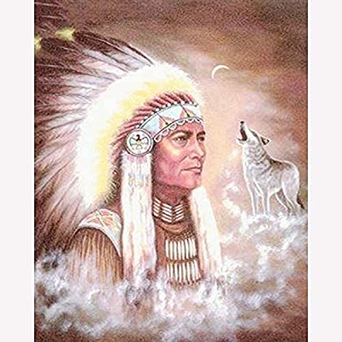 WYWQN Diamond Painting Kits für Erwachsene American Native Indian Man Wolf DIY 5D Diamond Art für Anfänger für Wanddekoration 40x50CM von WYWQN