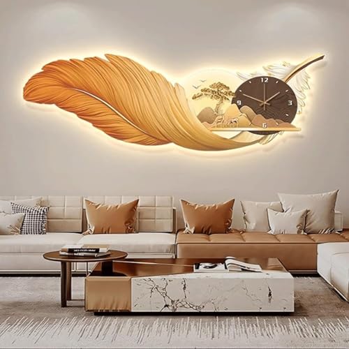 Moderne Wanduhr mit LED-Licht, handbemalte Feder-Wanddekoration für Wohnzimmer und Schlafzimmer, D, 100 x 36 cm von WYWY