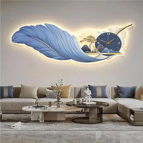 Moderne Wanduhr mit LED-Licht, handbemalte Feder-Wanddekoration für Wohnzimmer und Schlafzimmer (B,140 x 51 cm) von WYWY