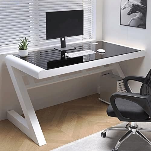 WYWY Computertisch aus gehärtetem Glas mit Z-förmigem Metallrahmen – stabiles und modernes Design für Heimbüro, Arbeitszimmer oder Gaming (schwarz + weiß, 99 cm) von WYWY