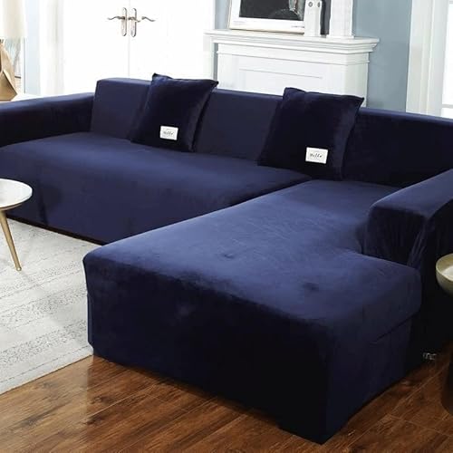 WYWY Samt-Sofabezug in L-Form für 1- und 4-Sitzer-Couch, Beige, elastischer Ecksofabezug (dunkelblau, 145–185 cm) von WYWY