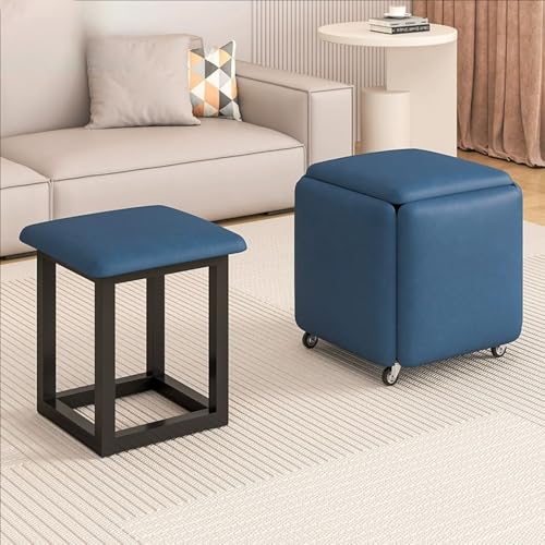 WYWY Stapelbarer PU-Ottomane mit Schwenkrollen, 5-in-1-Fußhocker aus PU-Leder, Ankleidehocker, Schminkhocker mit Metallrahmen für zu Hause(Blue,45 * 45 * 45) von WYWY