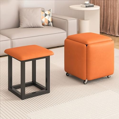 WYWY Stapelbarer PU-Ottomane mit Schwenkrollen, 5-in-1-Fußhocker aus PU-Leder, Ankleidehocker, Schminkhocker mit Metallrahmen für zu Hause(Orange,35 * 35 * 35) von WYWY