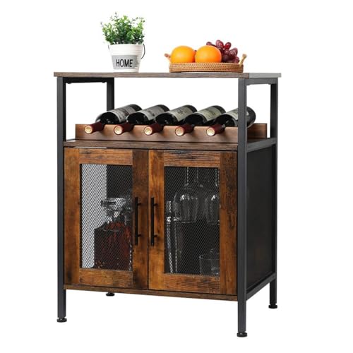 WYWY Weinregal aus Holz,Barregalschrank mit herausnehmbarem Weinregal, kleines Sideboard und Buffetschrank mit Netztüren, rustikales Braun von WYWY
