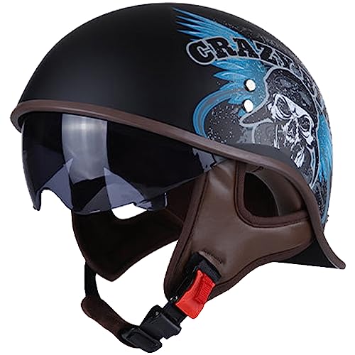 WYXAXNM Halbschalenhelm Brain-Cap Halbschale Jet-Helm Motorrad-Helm Roller-Helm Scooter-Helm Mofa-Helm DOT/ECE-Zulassung Retro Chopper Cruiser Helm mit Built-in Visier für Herren Damen,J-L(57~58cm) von WYXAXNM