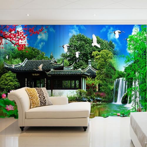2er Set Sheer Voile Vorhang mit Ösen Transparente Gardine aus Voile Polyester Ösenschal Transparent Wohnzimmer Luftig Dekoschal für Schlafzimmer 2 Stück x 132 B x 215cm H Grüne Wasserfall-Landschaft von WYXWZ