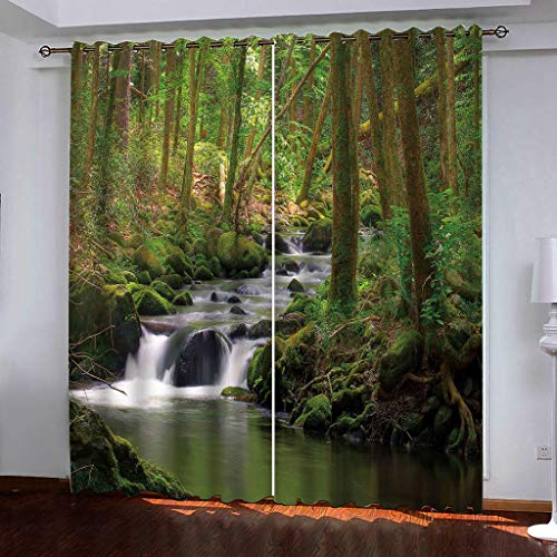 Verdunkelungsvorhänge Thermo Gardinen Blickdicht mit Ösen 3D Akustik UV Schutz Vorhang Deko Wohnzimmer Schlafzimmer Kinderzimmer Jugendzimmer 2 x 140 B x 240 cm H Grüner Wald Wasserfall Landschaft von WYXWZ