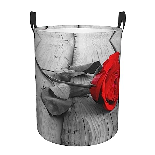 Ein runder einlagiger Wäschekorb mit roter Rose – wasserdichtes Oxford-Gewebe mit vollflächigem Druck, PE-Rahmen und zwei Griffen für Küche, Bad, Auto und Multi-Szenario-Aufbewahrung von WYYDPPLK