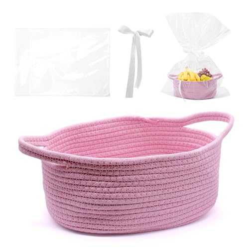 WYYFXY® Präsentkorb Leer Geschenkkorb Geflochtener mit Cellophantüten und Schleife, Korb Geschenk Baumwollseil Körbe für Geschenke, Feiertage, Geburtstage (Rosa) von WYYFXY