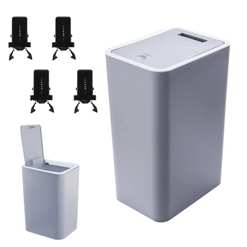 Mülleimer Bad, 10L Abfalleimer aus Kunststoff, Rechteckiger Abfalleimer mit 4 Karabinern, Rechteckiger Mülleimer mit Pressdeckel, Küchenabfalleimer mit Deckel, für Küche, Wohnzimmer, Büro(Grau) von WYYHQO
