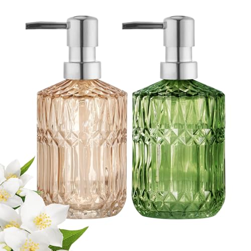 Seifenspender Glas, 2 Stück Seifenspender aus Transparentem, 450 ml Lotion Spender mit Pumpe, Handseifenspender Duschgel Spender Set, für Spülmittel, Handseife, Shampoo(Orange, Grün) von WYYHQO