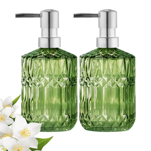 Seifenspender Glas, 2 Stück Seifenspender aus Transparentem, 450 ml Lotion Spender mit Pumpe, Shampoo Flaschen zum Befüllen, Duschgel Glas Spender mit Pumpe, für Badezimmer(Grün) von WYYHQO