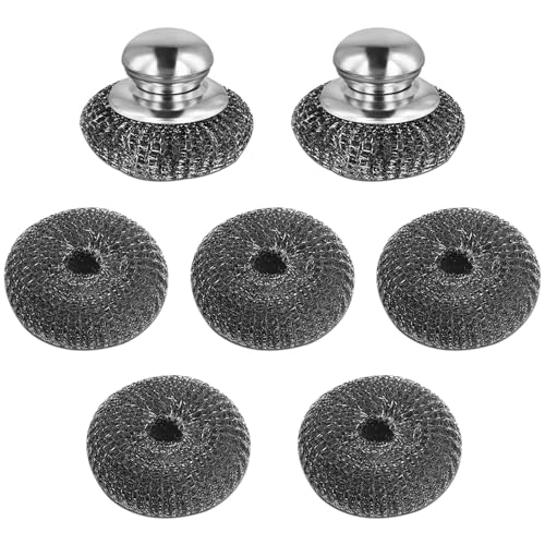 WYYHQO 2 Stück Stahlschwamm Topfreiniger mit Griff, Edelstahl Schrubber mit 5 Ersatzbürsten Stahlwolle Topfkratzer, Topfreiniger aus Rostfreiem Edelstahl für Reinigen von Geschirr Pfannen SpüLen Usw von WYYHQO