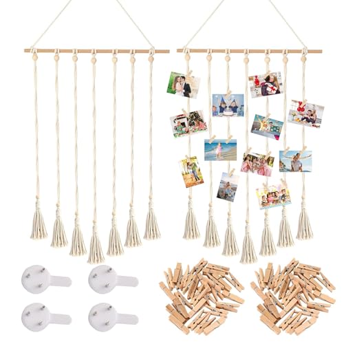 WYYHQO Foto Hängendes Makramee, 2 Stück Set Bilderrahmen Collage, 68 x 40 cm Wandbehang Fotowand, Fotowand Collage mit 60 Holzklammern und 4 spurlosen Nägeln, für Wohnkultur von WYYHQO