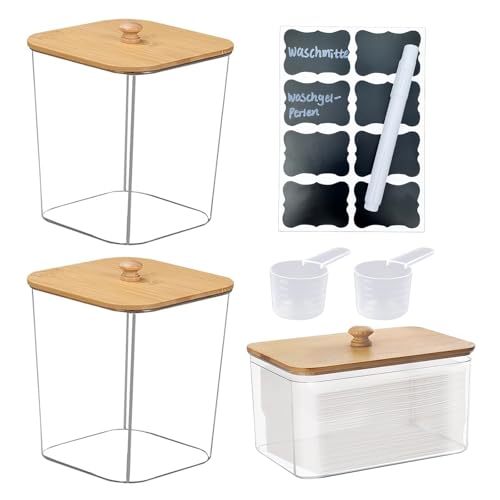Waschmittel Aufbewahrung, 3 Stück Wäschepods Behälter, Waschmittelbox mit Bambusdeckel, mit Blankoetikett Geliefert, Waschpulver Aufbewahrungsbox, für Waschpods, Badebomben, DuftverstäRker von WYYHQO