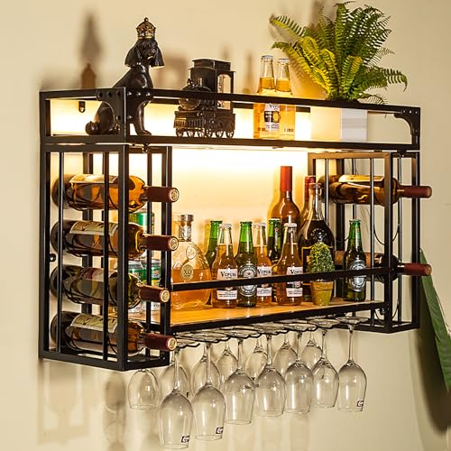 WYZCHDM Wand Weinregal mit Glashalter, Flaschenregal aus Metall, industriell wandmontierte Weinregal, Wand Weinhalter Deckenregal Hängenden, Wine Storage Display Rack 100 * 25 * 55cm von WYZCHDM