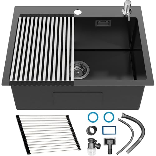 Klein Spülbecken Nano Silber, Spüle Küche Mit 2 Hahnloch, Einbauspüle Inkl Siebkorbventil & Überlauf, Küchenspüle Rechteckig, Edelstahl Eckig 1 Becken(Schwarz,55x45cm) von WYZSIINK