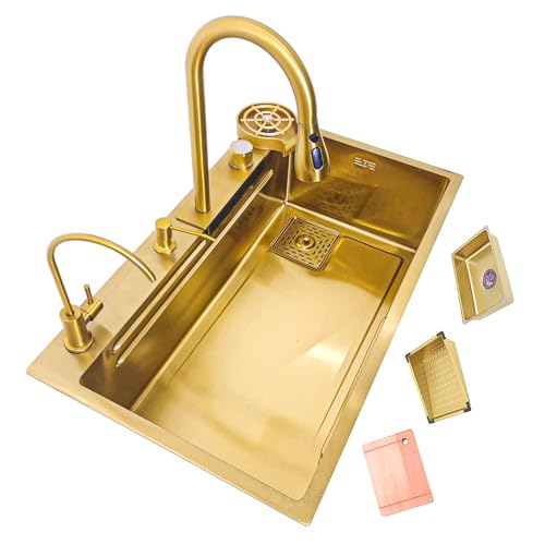 Küchenspüle Mit Großem Fassungsvermögen, Multifunktionsspüle Küche Einzelspüle, Einbau Spüle, Küchenwaschbecken Aus Nanobeschichtetem Edelstahl, Mit Ausziehbarem Wasserhahn, Komplettes Zubehörset(Gold von WYZSIINK