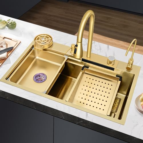Küchenspüle Mit Großem Fassungsvermögen, Multifunktionsspüle Küche Einzelspüle, Einbau Spüle, Küchenwaschbecken Aus Nanobeschichtetem Edelstahl, Mit Ausziehbarem Wasserhahn, Komplettes Zubehörset(Gold von WYZSIINK