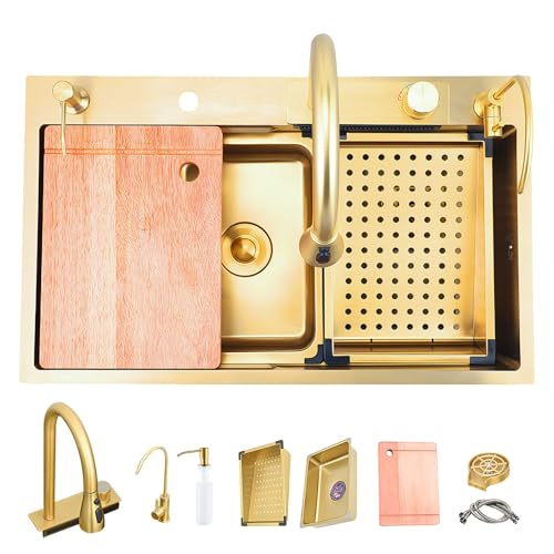 Multifunktionale Einzelspüle Mit Zubehör Nanobeschichtete Küchenspüle Aus Edelstahl Wasserfall Barwaschbecken Mit Großem Fassungsvermögen Mit Wasserfallhahn Einbau Spüle Eckspüle(Gold,80cm) von WYZSIINK