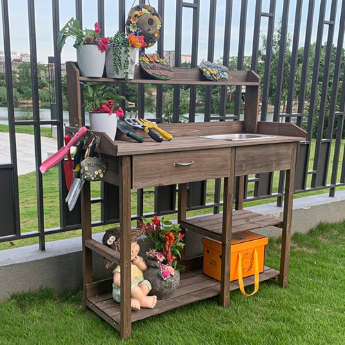 Pflanzbank Aus Massivholz Mit Herausnehmbarer Spüle, Pflanztisch Outdoor, Balkontisch Mit Unterschrank Aus Holz, Für Garten Und Terrasse(B - Brown) von WYZSIINK