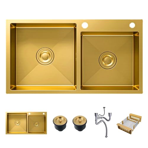 WYZSIINK 80x45cm Goldenes Edelstahl Doppelbecken Spüle, Nano-Beschichtete Spüle, Großes Fassungsvermögen Mehrzweckspüle Für Küche, Bar, Einbauküchenspüle Mit Zubehör von WYZSIINK