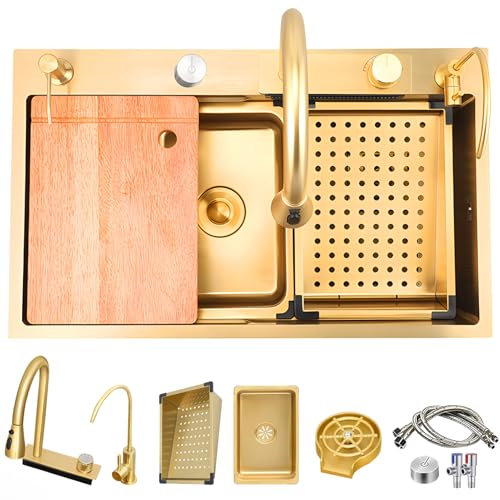 Wasserfall Küchenspüle, Multifunktional Spülbecken Edelstahl, Schwarz Grau Spüle Küche Waschbecken Mit Becherspüler Wasserhahn & 4 Spray-Modi(Gold,75x50x21cm) von WYZSIINK