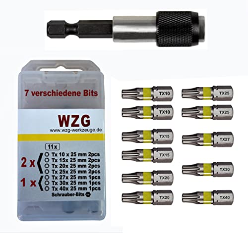 7 vers.Profi Torx Bits 11St,2xTx10,2xTx15,2xTx20,1xTx25,1xTx27,1xTx30,1xTx40 WZG + 1x Bithalter von WZ-Gatze