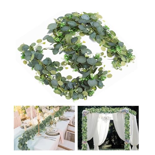 WZERHO Pflanzen Girlande Eukalyptus KüNstlich Kunstpflanze Eukalyptus Kranz Deko Girlande Blumenranken Kunstblumen BläTter GrüN für Hintergrund Hochzeit Dekoration Tischläufer Mittelstück(2x180cm) von WZERHO