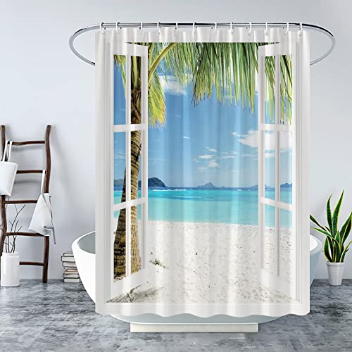 WZFashion Ozean Strand Duschvorhang Hawaiian Tropische Palmen Meer Landschaft Sommer Blau Himmel Blick Holzfenster Stoff Badezimmer Vorhang WZFashion Ozean Strand Duschvorhang Hawaiian Tropische Palmen Meer Landschaft Sommer Blau Himmel Blick Holzfenster Stoff Badezimmer Vorhang von WZFashion