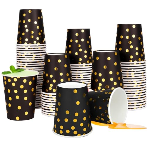 WZHHDM Pappbecher, 60 Stück Gold Dot Partybecher, Pappbecher Gold Dot Geburtstag Hochzeit Weihnachtsfeier Picknick Grillen Büro Schule Biologisch Abbaubar Pappbecher Heißen Kalten Getränken von WZHHDM