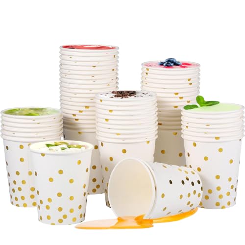 WZHHDM Packung mit 60 Weiß-Goldenen Party-Papierbechern, 9 OZ/250ml Gold Polka Dot Papierbecher, Pappbecher Party-Papierbecher für Heiß Kaltgetränke Hochzeit Weihnachtsfeier von WZHHDM